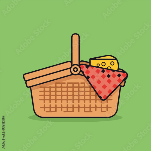 Picnic basket vector illustration filled with food and a red checkered cloth isolated on green backg