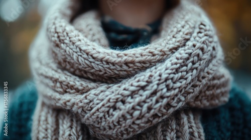 A close-up of a knitted scarf, emphasizing its texture and color.