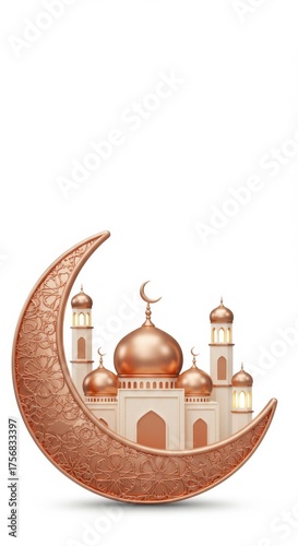 3d rendering of a mosque inside a crescent moon symbolizing islamic faith and ramadan holiday.