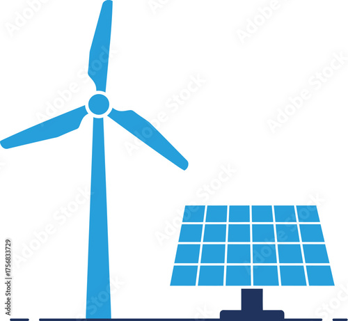 Renewable energy sources wind turbine and solar panel green technology power generation isolated on transparent background