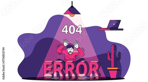 Vector art of a frustrated man is under the spotlight with a 404 error message, laptop, and cactus on a, symbolizing website issues and technical difficulties