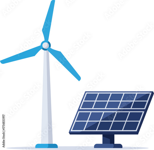 Renewable energy source flat design featuring wind turbine and solar panel icon symbol isolated on transparent background