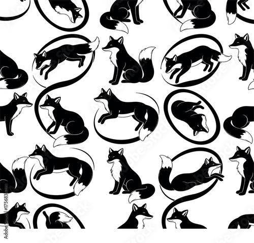 Seamless Black and White Fox Pattern Background Vector Wallpaper Design