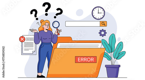 Vector art of a woman is standing in front of a folder with an error message, she is confused and looking for a solution