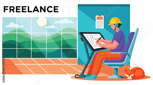 Vector art of a freelance artist is working on a digital drawing with his cat sleeping nearby, enjoying the creative process and the flexibility of remote work