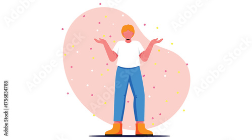 Vector art of a confused man in casual clothes stands with open arms, looking uncertain against a light pink backdrop with scattered confetti