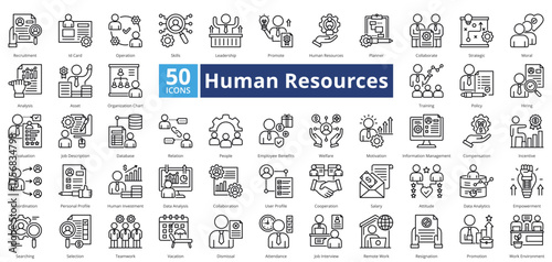 Human Resources outline style contains 50 icons including job interview, remote work, resignation, promotion, work environment, collaborate, strategic simple vector 