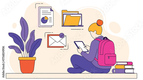 Vector art of a student with a backpack sits crosslegged, studying on a tablet surrounded by books, documents, and plants