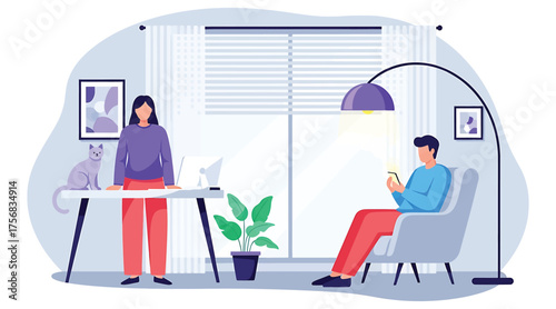 Vector art of a couple in a modern living room, one working at a desk with a cat, the other relaxing with a phone