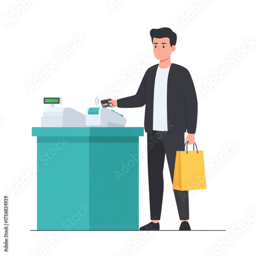 Man paying with a credit card at a self-service checkout counter.
