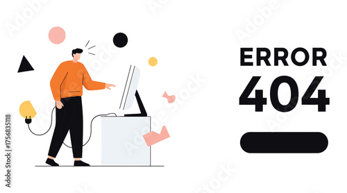 Vector art of an illustration depicting a frustrated person encountering a 404 error on their computer, symbolizing technical difficulties and website issues
