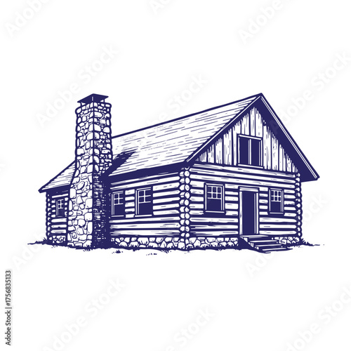 Vintage hand drawn illustration of a cozy log cabin with a stone chimney on white