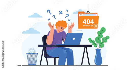 Vector art of frustrated man facing 404 error on laptop, he is confused by the website problem, with question marks floating above his head, and a file with error