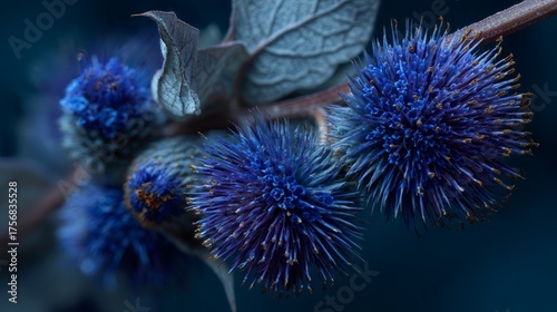 Vibrant blue burdock flower in full bloom showcasing delicate petals and natural texture, captured in close-up botanical photography highlighting the beauty of wild plants and herbal nature in a seren