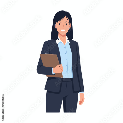 Illustration of a smiling businesswoman holding a clipboard in a navy blue suit against a white background.