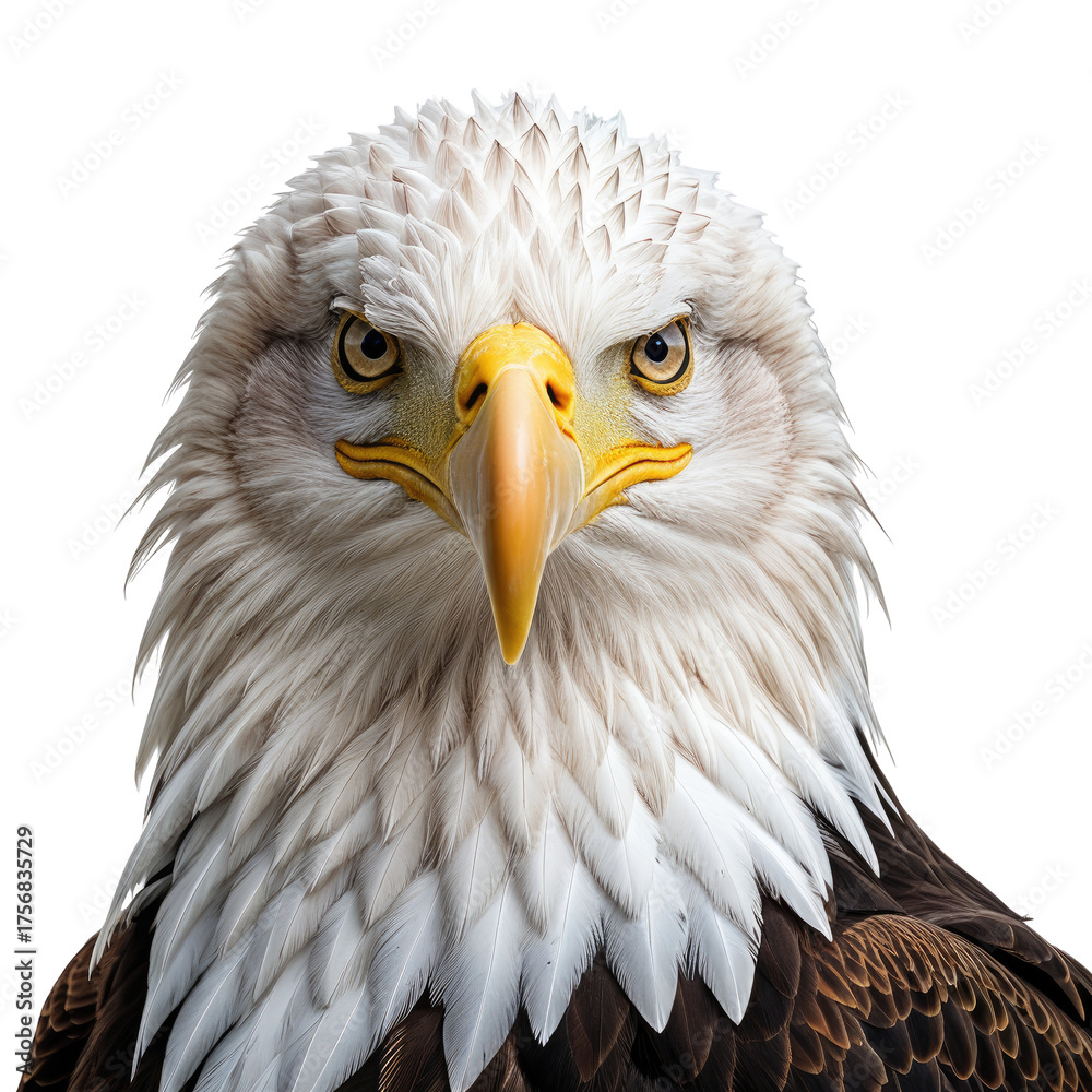 Fototapeta premium Bald eagle portrait with white head feathers, staring intensely
