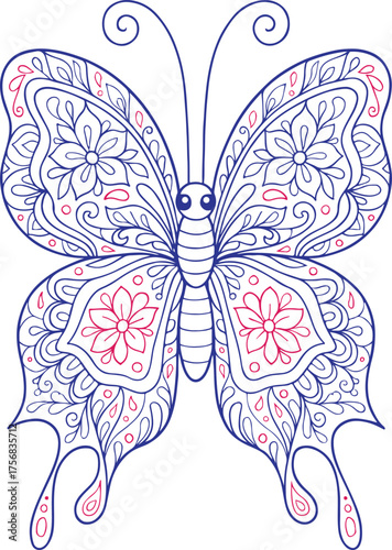 Intricate blue and red butterfly illustration with floral patterns, symbolizing transformation and beauty.
