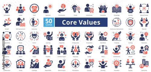 Core Values mixed duotone contains 50 icons including learning, happiness, compassion, acceptance, hard work, creativity, family, challenge, dependable simple vector 