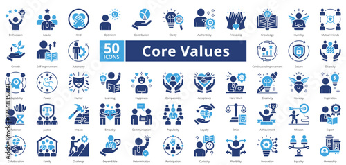 Core Values two tone style contains 50 icons including popularity, loyalty, ethics, achievement, collaboration, family, challenge, patience, justice simple vector 