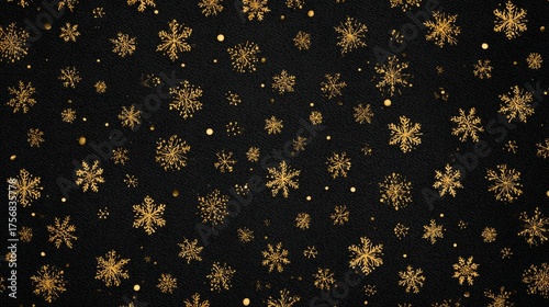 Elegant christmas background featuring shimmering gold snowflakes on a black backdrop, luxurious holiday design perfect for festive greeting cards, winter party invitations, and sophisticated seasonal