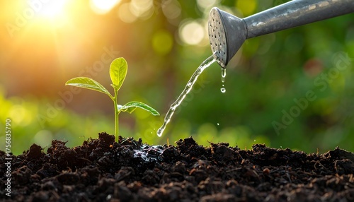 Small plant being watered by a metal watering can, sunlight shining
