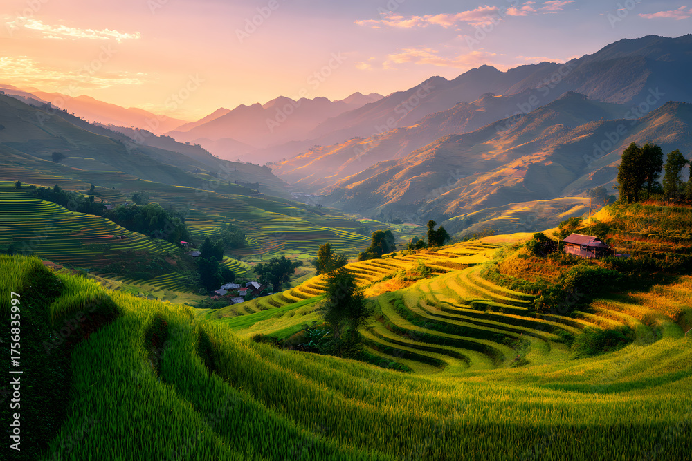 Fototapeta premium Landscape view breathtaking of terraced rice fields surrounded by mountains bathed in warm orange glow of setting sun with layers of vibrant green fields and soft shadows enhancing the natural beauty.