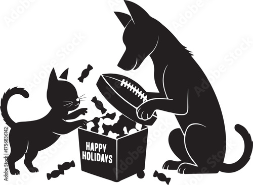 Cute dog and cat holiday illustration with gift box and candies in festive black silhouette vector design
