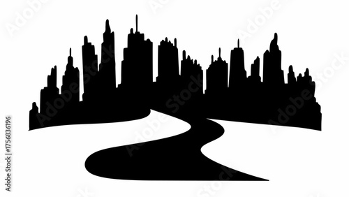 Striking city skyline silhouette with winding road, perfect for travel, urban themes and modern designs