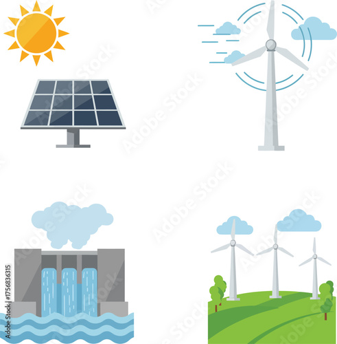Renewable energy sources including solar panels wind turbines and hydroelectric dam presented with simple flat icons for sustainable power generation concepts isolated on transparent background