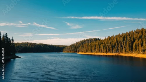 An autumnal panorama of a calm mountain lake reflecting the blue sky and clouds