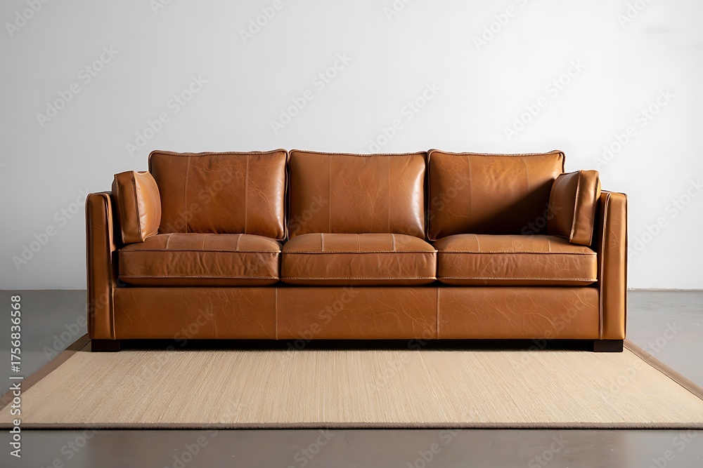 Fototapeta premium Classic tan leather three seat sofa on a light rug