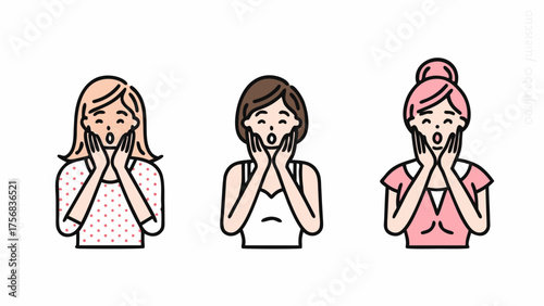 Three surprised women with hands on cheeks expressing shock and awe in a cartoon illustration style | editable eps vectors silhouette