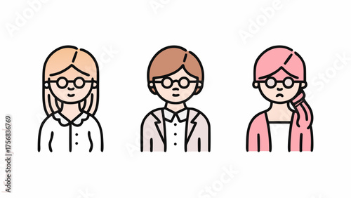 Three cartoon characters with glasses and different hair colors standing next to each other smiling softly | editable eps vectors silhouette