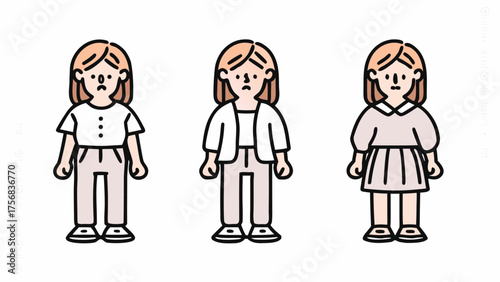 Three cartoon women with different outfits standing side by side with sad expressions in a simple style | editable eps vectors silhouette