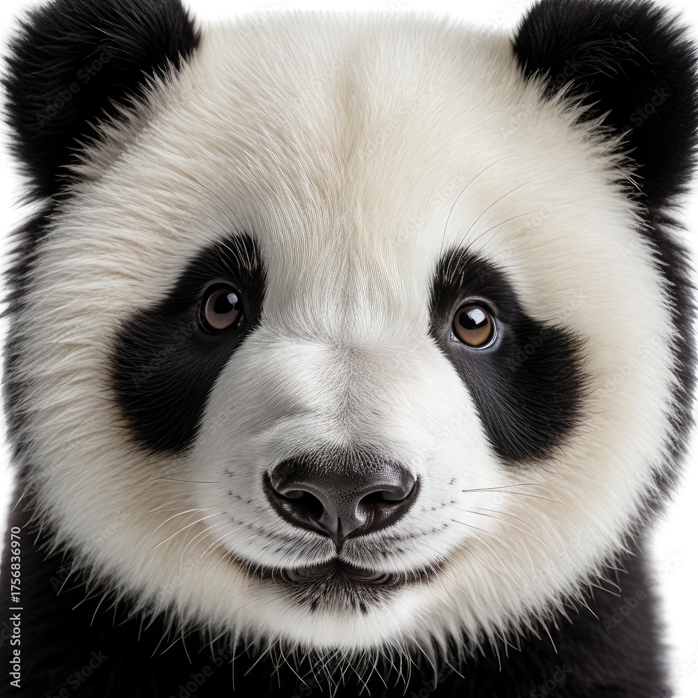 Fototapeta premium Panda bear face portrait. Black and white furry animal looking forward