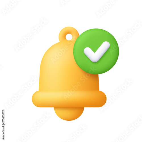 Yellow notification bell with check mark on green circle button. Social media, alert confirmation, successful notification and approval reminder concept. 3d vector icon. Cartoon minimal style.