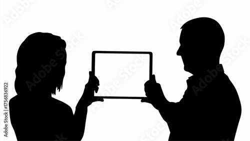 Silhouette of a man and woman holding a tablet with a blank white screen in a well lit environment | editable eps vectors