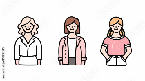 Three cartoon women standing side by side wearing different outfits and hairstyles in a simple drawing style | editable eps vectors silhouette