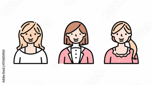 Illustration of three women with different hairstyles and outfits in a cartoon style on a white background | editable eps vectors silhouette