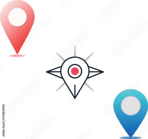 Illustration of red and blue location pin icons with a compass icon on a white background