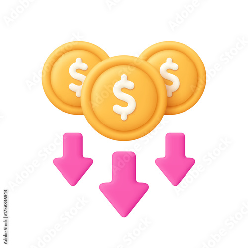 Gold coins and pink arrows pointing downward. Financial loss, currency drop, stock market decline, price reduction and economic downturn concept. 3d vector icon. Cartoon minimal style.