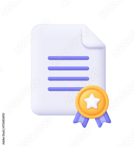 Certificate document or diploma with a gold medal. Achievement, success, recognition, education, business, reward symbol concept. 3d vector icon. Cartoon minimal style.