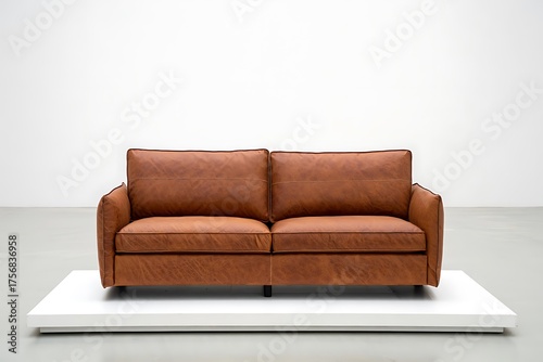 Modern brown leather loveseat on a white platform