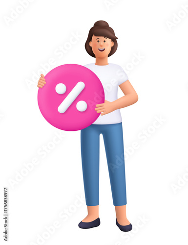 Young smiling woman Jane holding large pink circle with white percentage sign. Business, finance, discount, sale, marketing, interest rate concept. 3d vector people character. Cartoon minimal style.