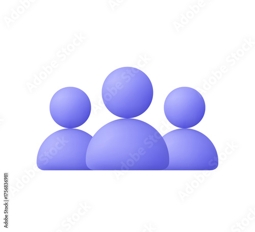 Three purple user icons, group of people or community. Teamwork, collaboration, friends, audience, social network, business and social media concept. 3d vector icon. Cartoon minimal style.