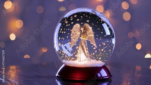 Illuminated snow globe with twinkling lights and angelic figure on wooden table