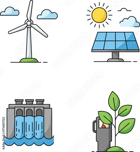 Set of flat icons representing renewable energy sources sustainable power generation concepts isolated on transparent background