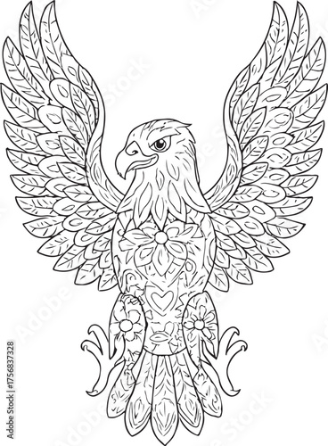 Majestic eagle with intricate decorative patterns spread wings in symmetrical design