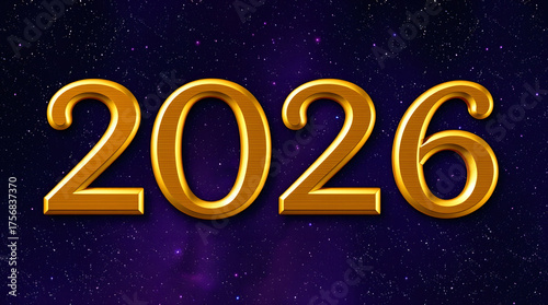 Golden metallic 2026 numbers over a deep violet starry background
