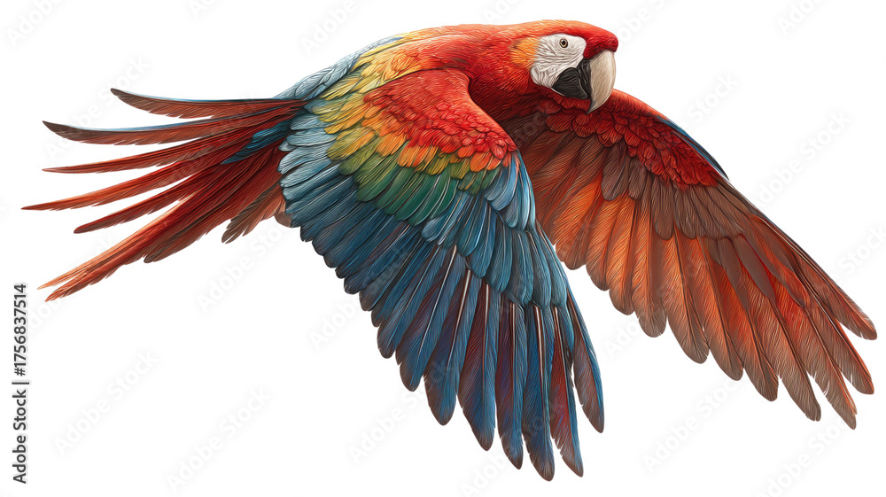 Fototapeta premium Vibrant scarlet macaw flying with colorful red, yellow, and blue feathers showing tropical wildlife bird in motion isolated on white background